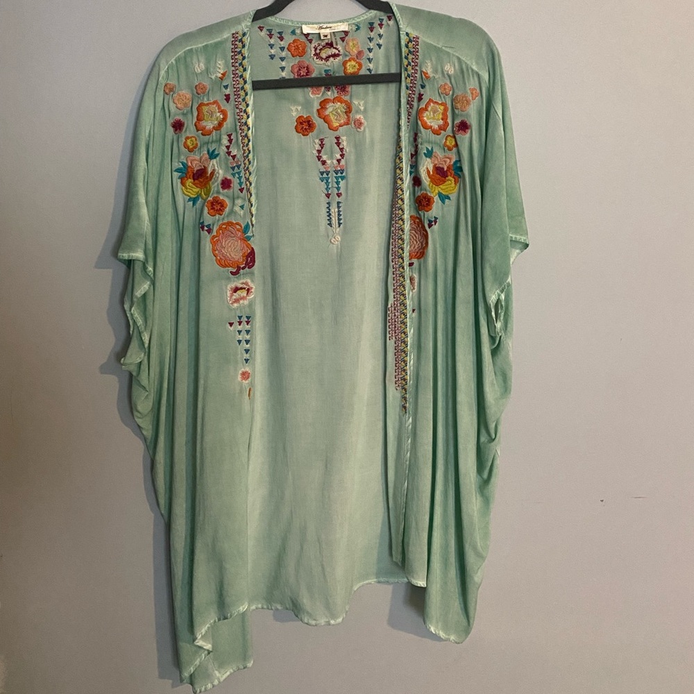 Worn once, embroidered mint kimono